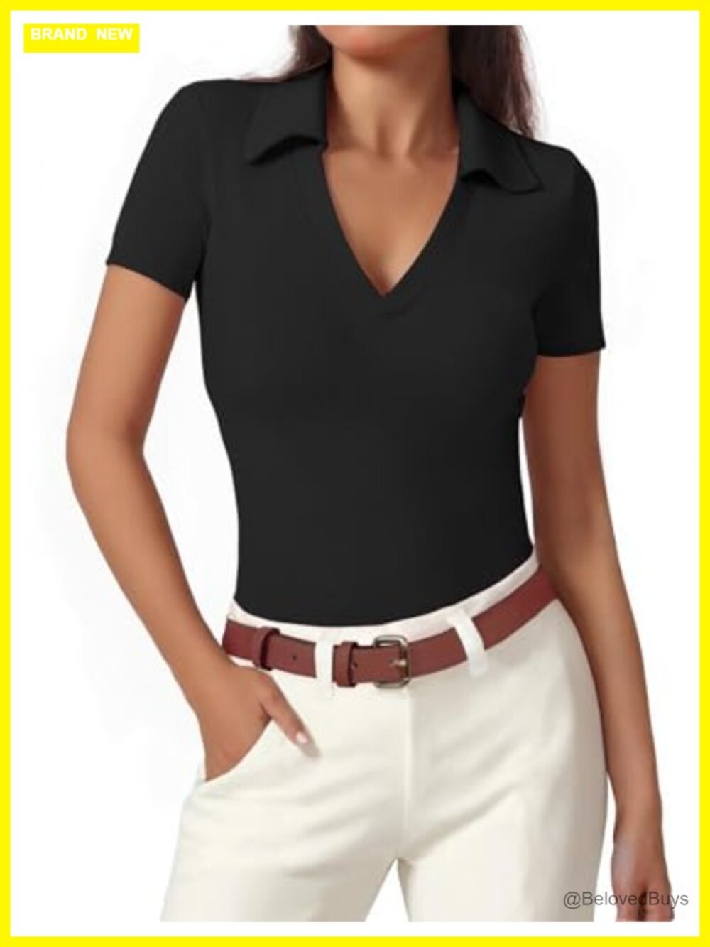 Women's V Neck Polo Shirt Rayon Spandex Fitted Short Sleeve Work Top